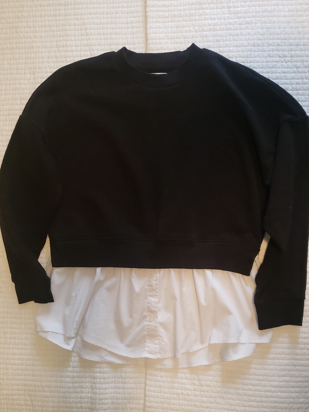 Calvin Klein Black Crewneck with White Shirt-Hem Detail
